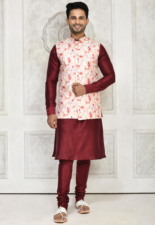 Digital Printed Cotton Silk Kurta Set in Maroon and Peach