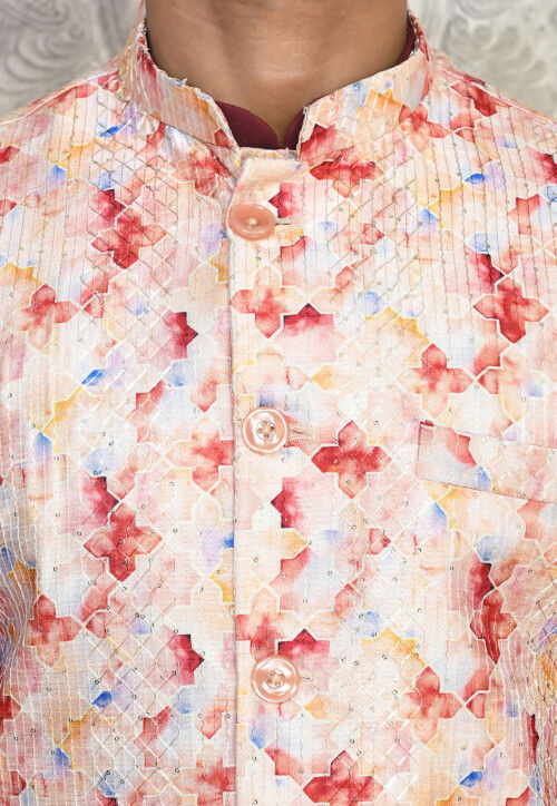 Digital Printed Cotton Silk Kurta Set in Maroon and Peach