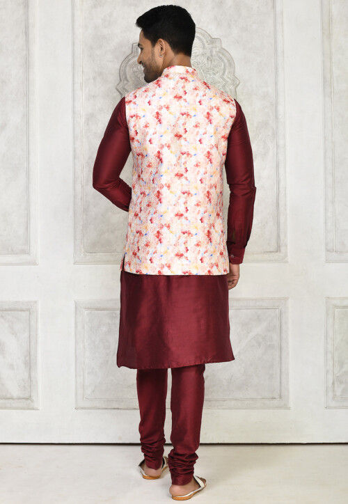 Digital Printed Cotton Silk Kurta Set in Maroon and Peach