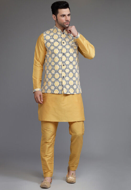 Digital Printed Cotton Silk Kurta Set in Mustard and Multicolor