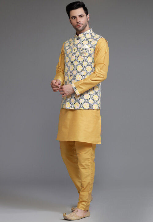 Digital Printed Cotton Silk Kurta Set in Mustard and Multicolor