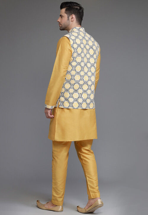 Digital Printed Cotton Silk Kurta Set in Mustard and Multicolor