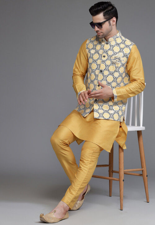 Digital Printed Cotton Silk Kurta Set in Mustard and Multicolor