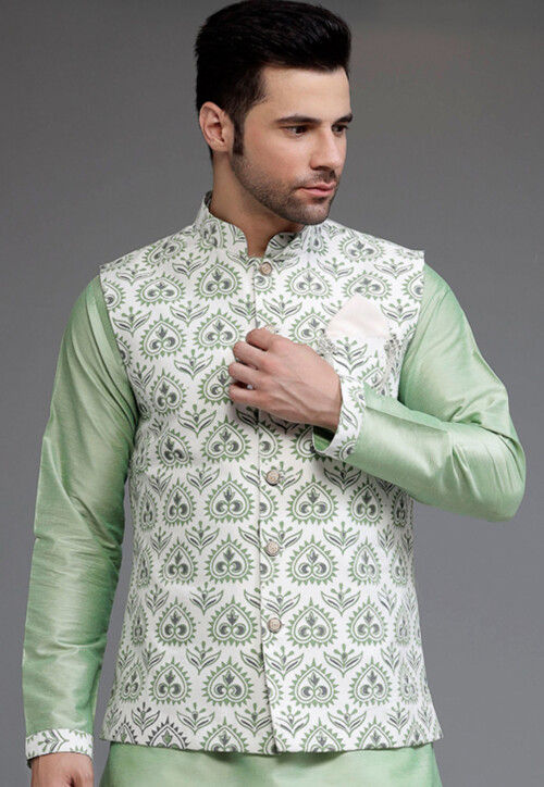 Buy Digital Printed Cotton Silk Nehru Jacket in Off White Online