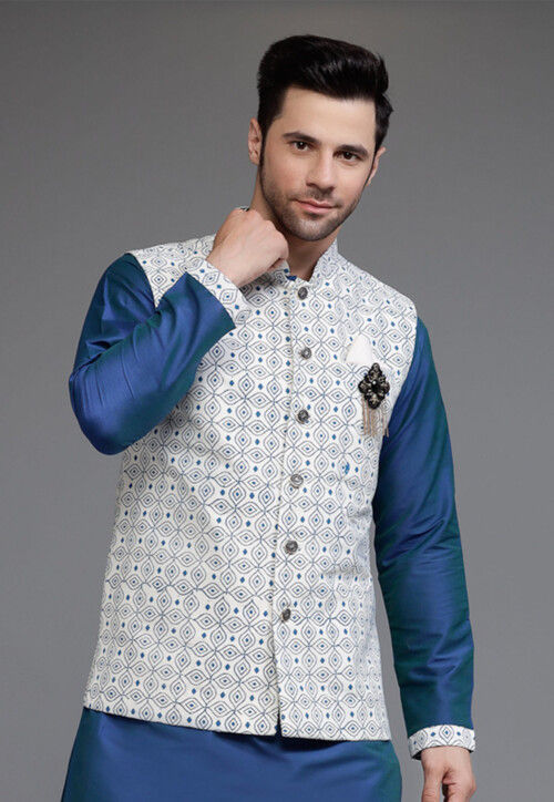 Digital Printed Cotton Silk Nehru Jacket in Off White