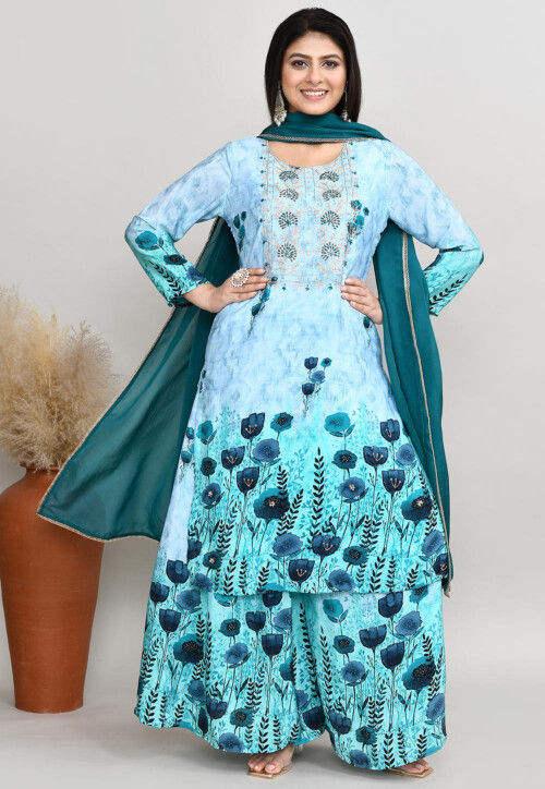 Digital Printed Cotton Silk Pakistani Suit in Light Blue