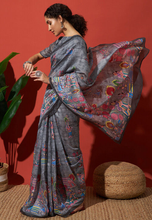 Digital Printed Cotton Silk Saree in Grey