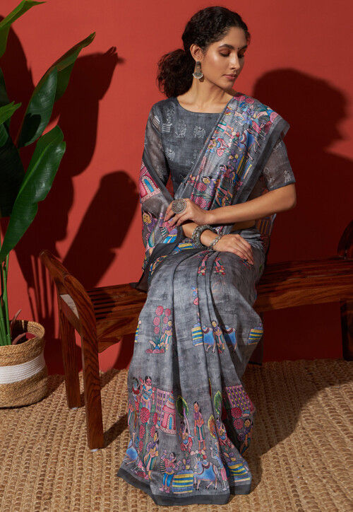 Digital Printed Cotton Silk Saree in Grey