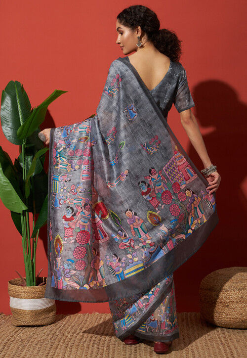 Digital Printed Cotton Silk Saree in Grey