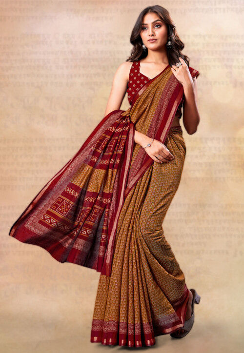 Digital Printed Cotton Silk Saree in Mustard