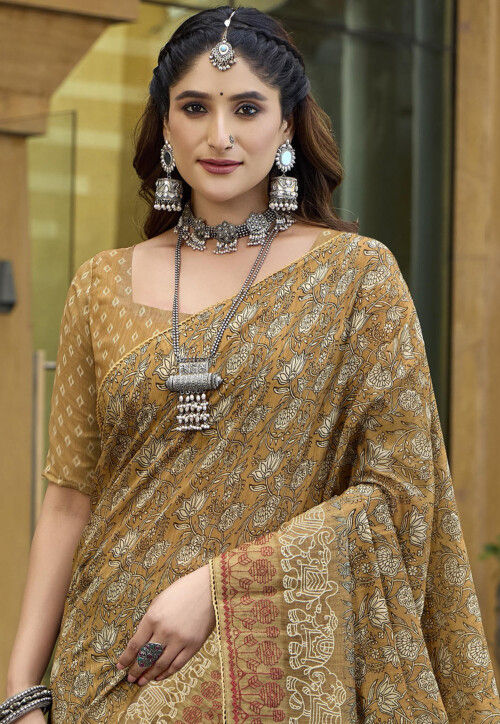 Women Mustard Cotton Silk Digital Printed Saree With Unstitched Blouse