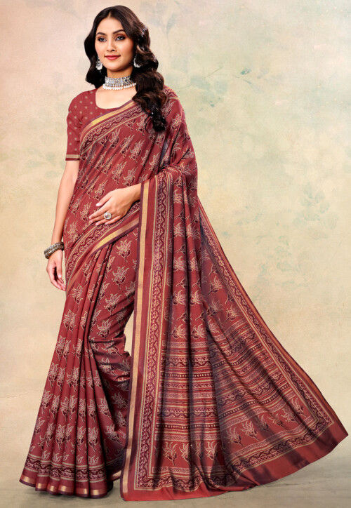 Digital Printed Cotton Silk Saree in Rust