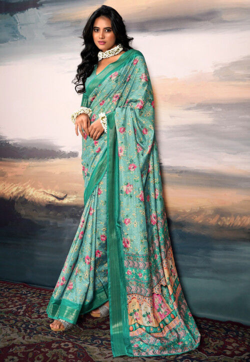 Digital Printed Cotton Silk Saree in Teal Green