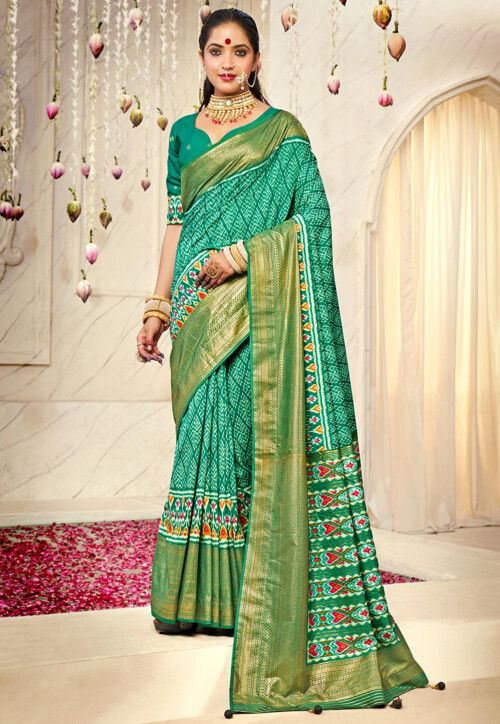 Digital Printed Cotton Silk Saree in Teal Green