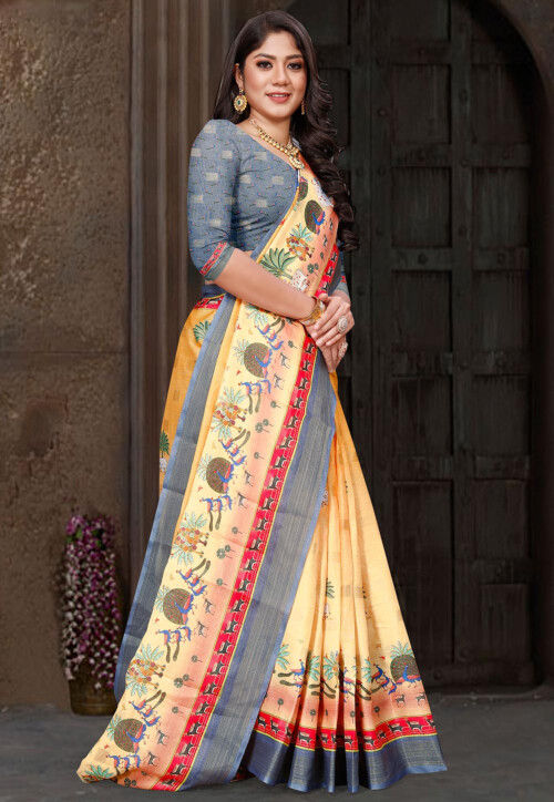 Yellow Printed Cotton Silk Saree