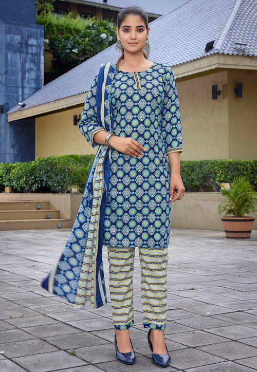 Digital Printed Cotton Slub Pakistani Suit in Blue