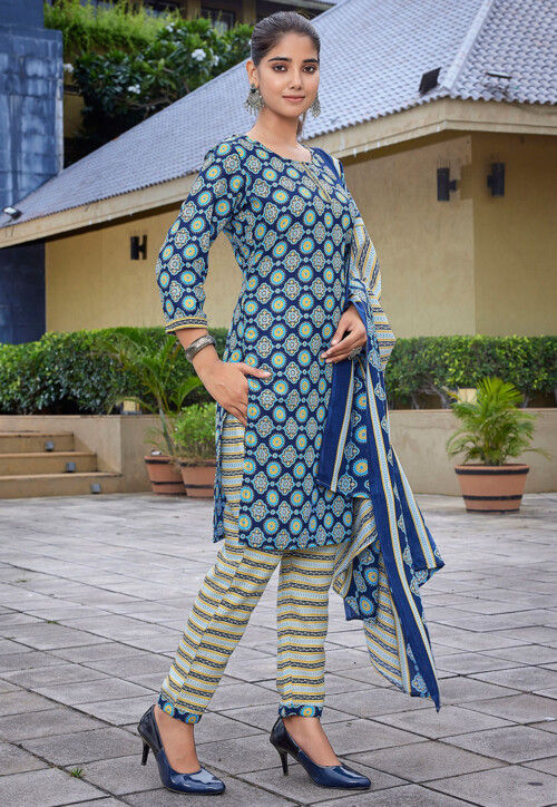 Digital Printed Cotton Slub Pakistani Suit in Blue