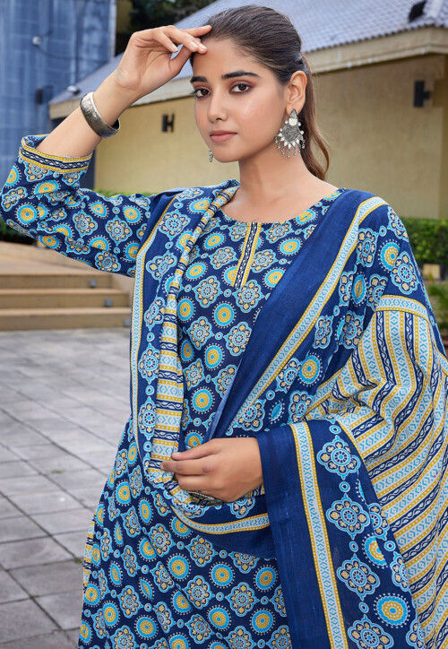 Digital Printed Cotton Slub Pakistani Suit in Blue