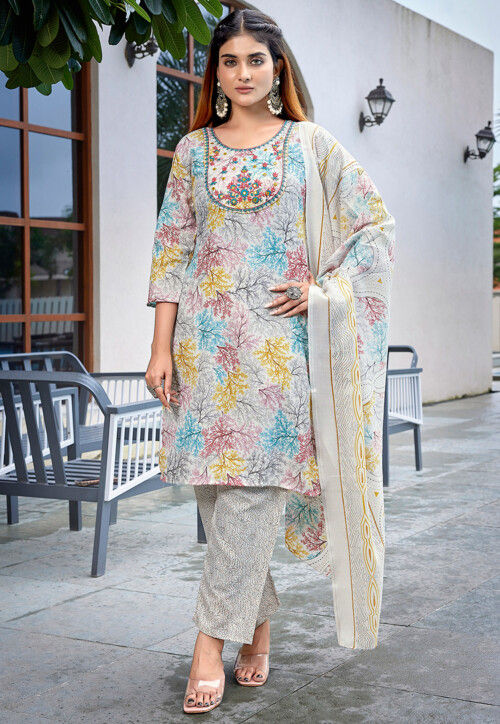 Digital Printed Cotton Slub Pakistani Suit in Multicolor