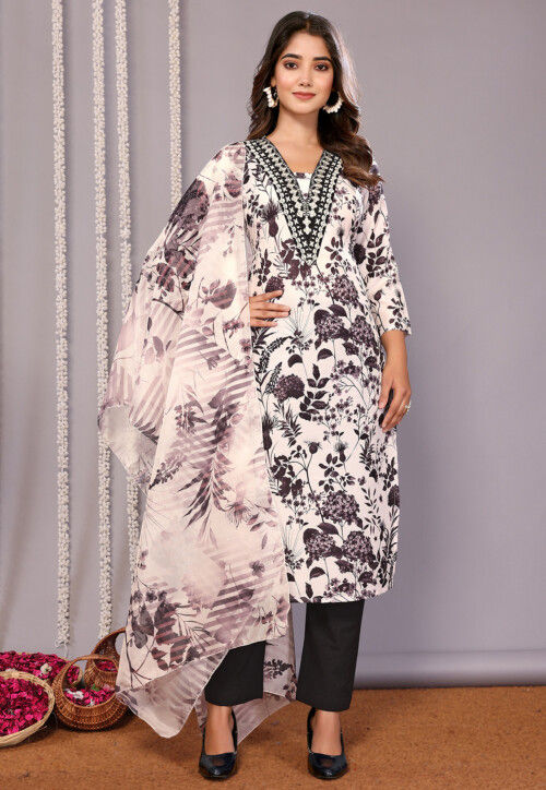 Digital Printed Cotton Slub Pakistani Suit in Off White