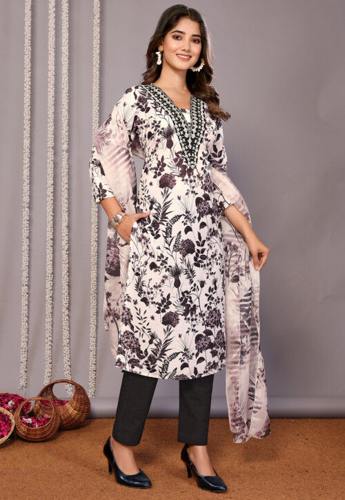 Digital Printed Cotton Slub Pakistani Suit in Off White