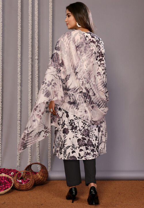 Digital Printed Cotton Slub Pakistani Suit in Off White