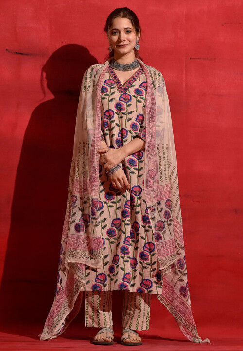 Digital Printed Cotton Slub Pakistani Suit in Peach