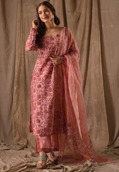 Digital Printed Cotton Slub Pakistani Suit in Peach