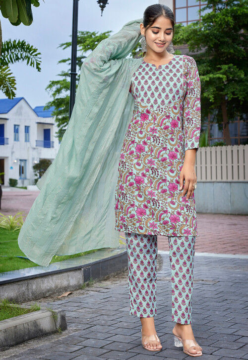 Digital Printed Cotton Slub Pakistani Suit in Sea Green and Pink