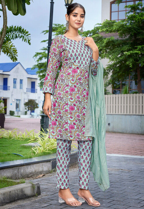 Digital Printed Cotton Slub Pakistani Suit in Sea Green and Pink