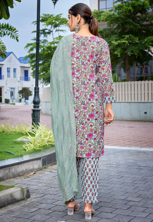 Digital Printed Cotton Slub Pakistani Suit in Sea Green and Pink