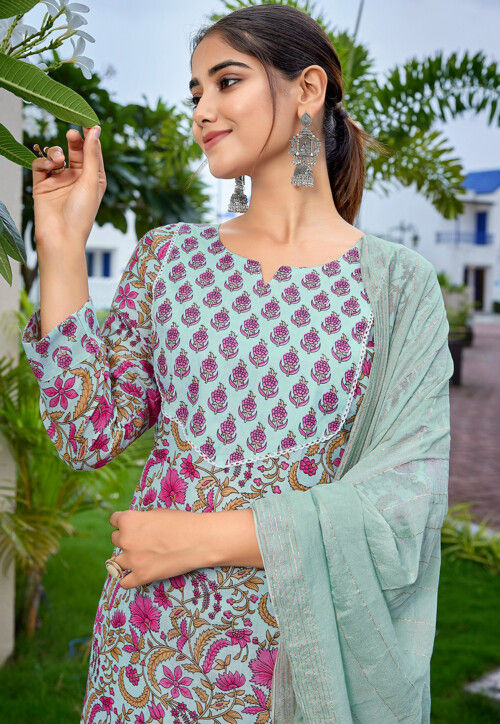 Digital Printed Cotton Slub Pakistani Suit in Sea Green and Pink