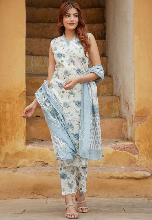 Digital Printed Cotton Slub Pakistani Suit in White