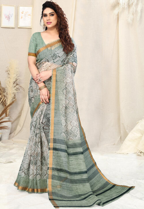 Natural White Cotton Slub Printed Saree With Silver Zari Border - Loomfolks