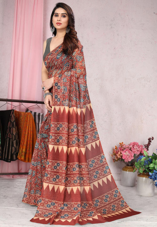 Digital Printed Cotton Slub Saree in Maroon