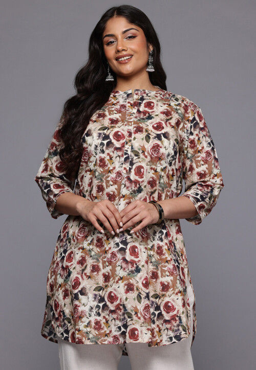 Digital Printed Cotton Straight Kurta in Beige