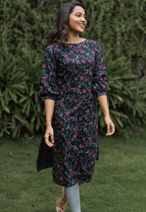 Digital Printed Cotton Straight Kurta in Black