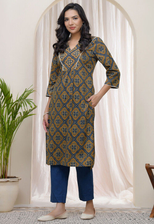 Digital Printed Cotton Straight Kurta in Brown