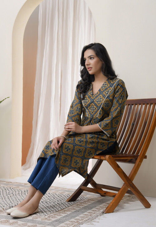 Digital Printed Cotton Straight Kurta in Brown