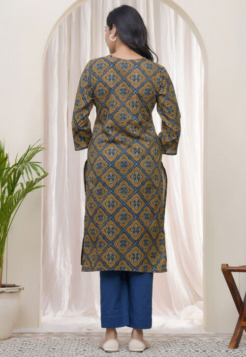 Digital Printed Cotton Straight Kurta in Brown