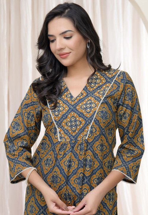 Digital Printed Cotton Straight Kurta in Brown