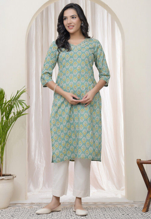 Digital Printed Cotton Straight Kurta in Dusty Green