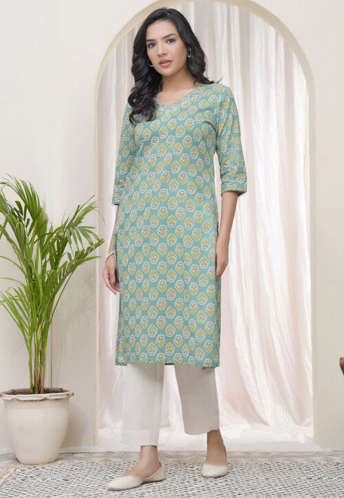 Digital Printed Cotton Straight Kurta in Dusty Green