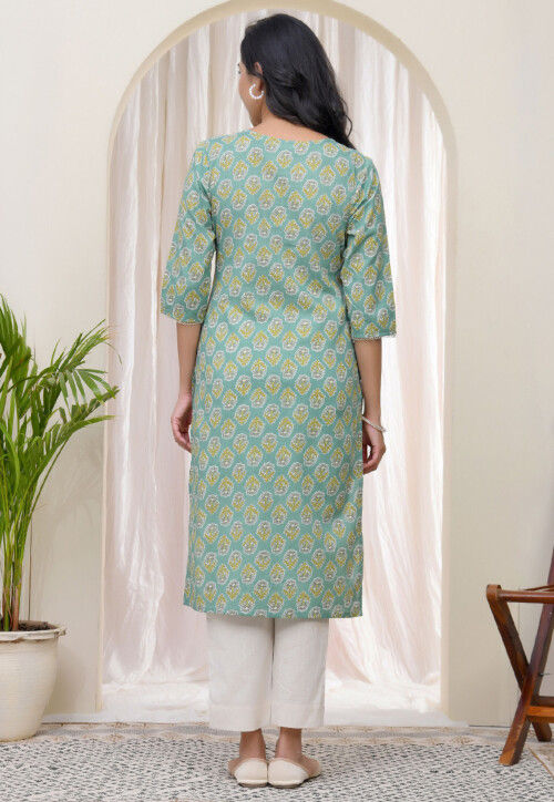 Digital Printed Cotton Straight Kurta in Dusty Green