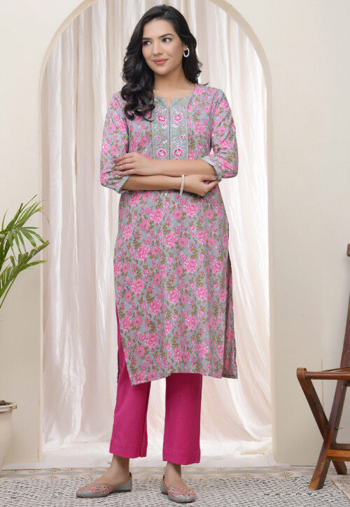 Digital Printed Cotton Straight Kurta in Grey