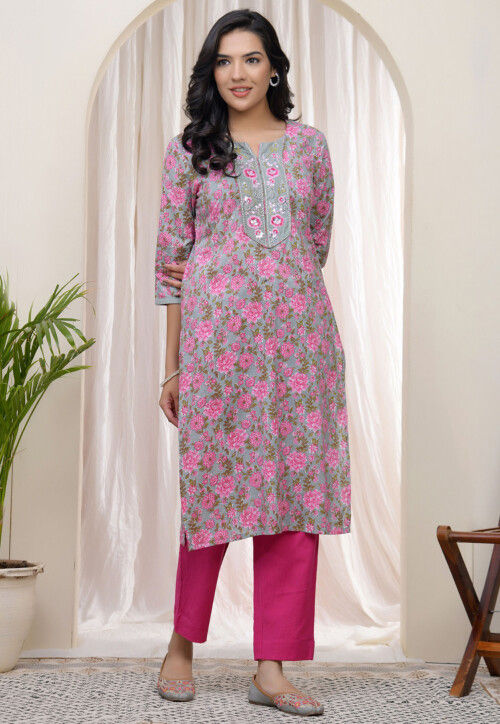 Digital Printed Cotton Straight Kurta in Grey