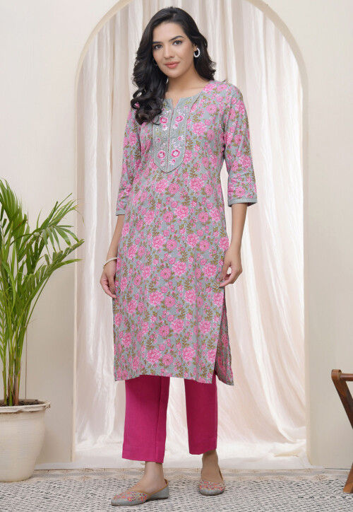 Digital Printed Cotton Straight Kurta in Grey