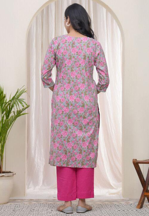 Digital Printed Cotton Straight Kurta in Grey