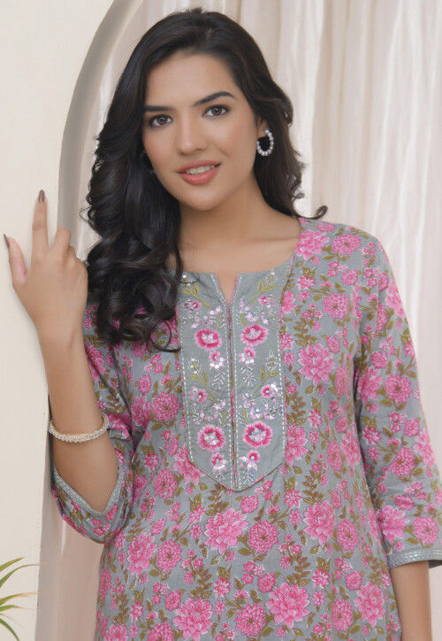 Digital Printed Cotton Straight Kurta in Grey