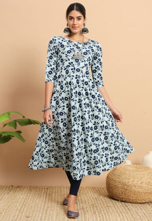 Digital Printed Cotton Straight Kurta in Light Blue
